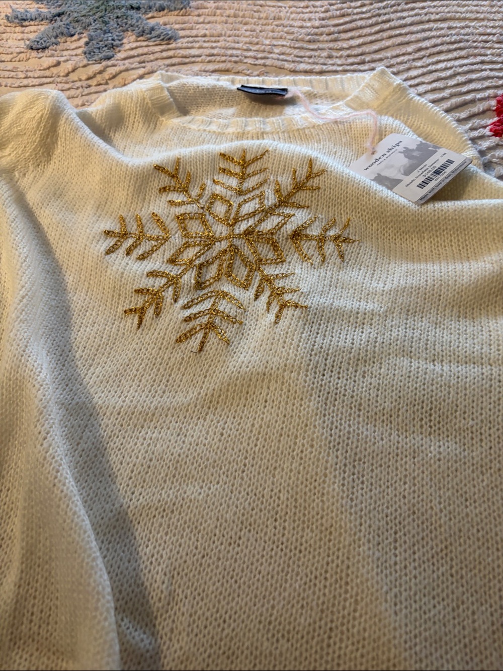 Wooden Ships Cream Sweater with Gold Snowflake Embroidery